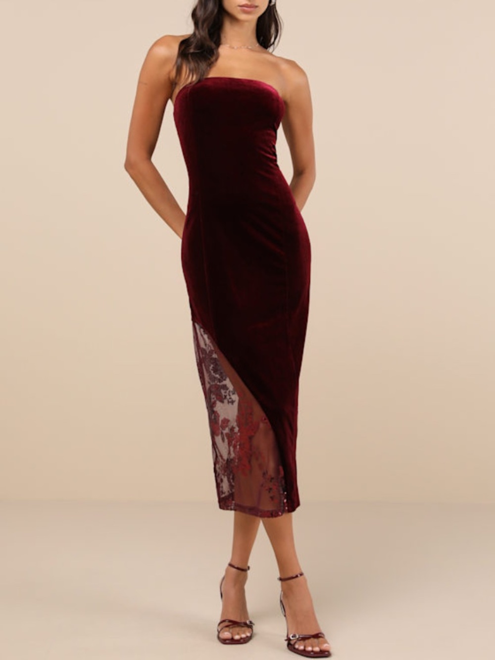 NWT Lulus Feeling So Luxe Burgundy Velvet Mesh Sequin Strapless Midi Dress Red
